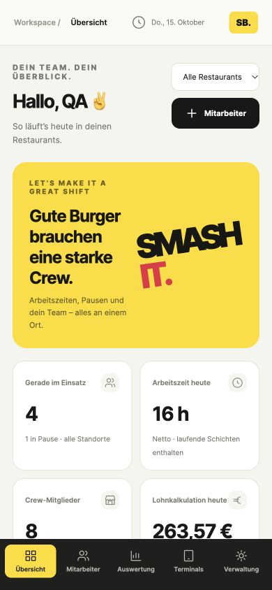 Mobile Chef-Übersicht mit Teamstatus, Arbeitszeit und Lohnkalkulation