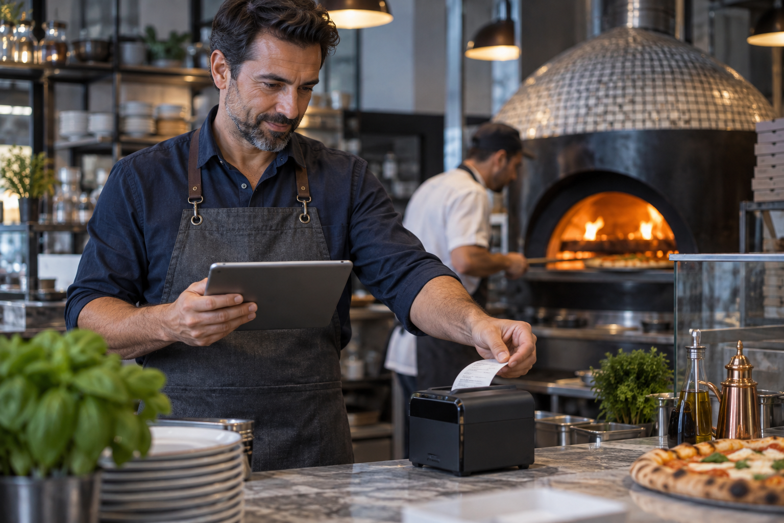 KI-Szene: Gastronom am Tablet neben einem Bondrucker in einer Pizzeria
