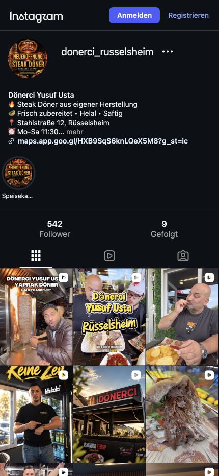 Instagram-Profil von Dönerci Rüsselsheim mit Beitragsübersicht