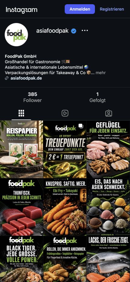Instagram-Profil von AsiaFoodPak mit Beitragsübersicht