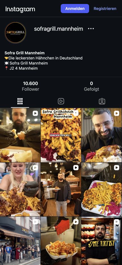 Instagram-Profil von Sofra Grill Mannheim mit Beitragsübersicht