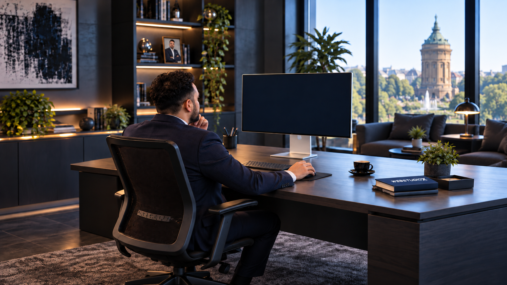 Filmische Büroansicht: Faiez von hinten am Schreibtisch, vor ihm der Monitor