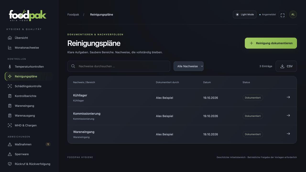 FoodPak Reinigung mit Beispieldaten