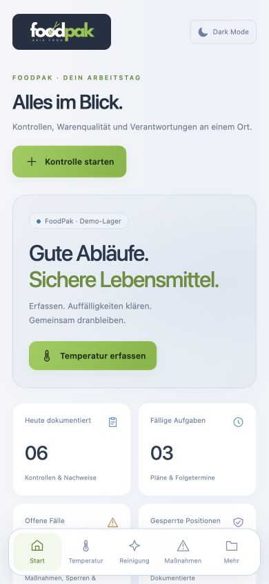 Helle Mobilansicht der echten FoodPak-App