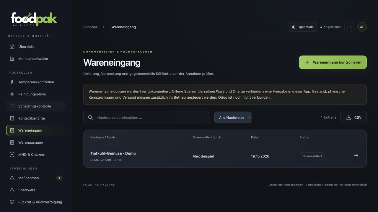 Originalansicht Wareneingang, mit Beispieldaten
