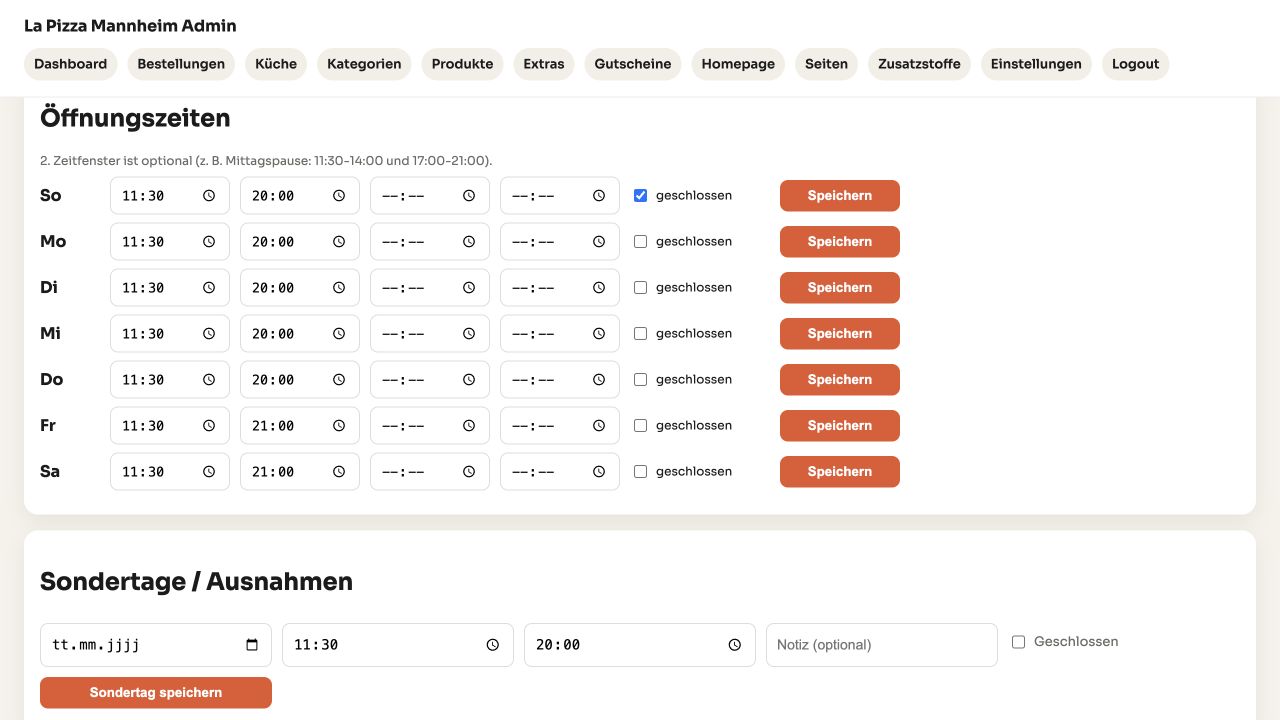 TasteOrder Adminbereich: Öffnungszeiten – lokale Projektansicht mit Beispieldaten