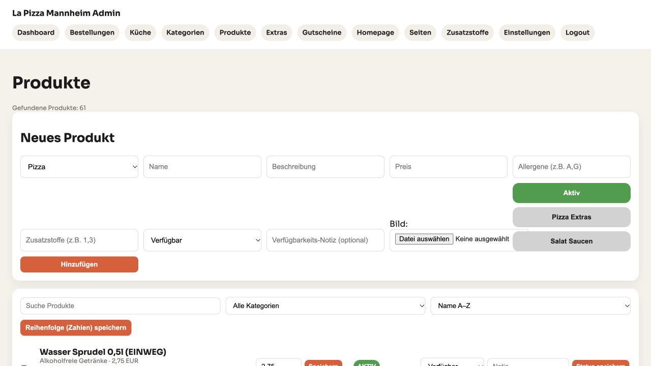 TasteOrder Adminbereich: Produkte – lokale Projektansicht mit Beispieldaten