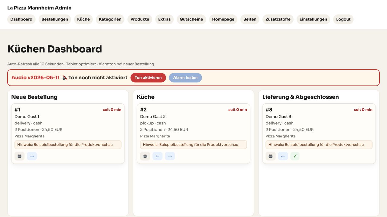 TasteOrder Adminbereich: Küche – lokale Projektansicht mit Beispieldaten