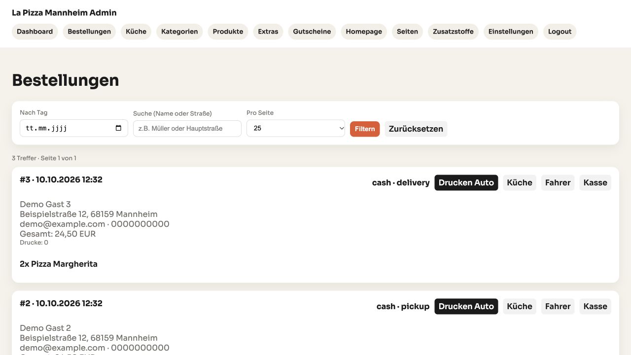 TasteOrder Adminbereich: Bestellungen – lokale Projektansicht mit Beispieldaten