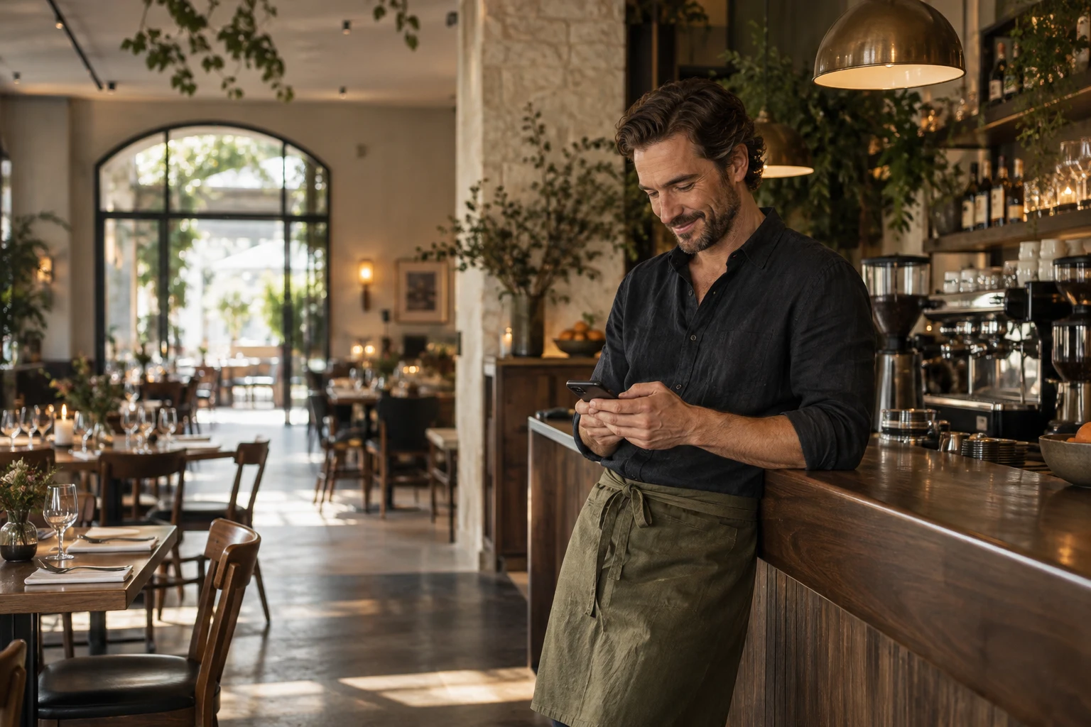 Illustrative Szene: Gastronom prüft am Tresen sein Smartphone