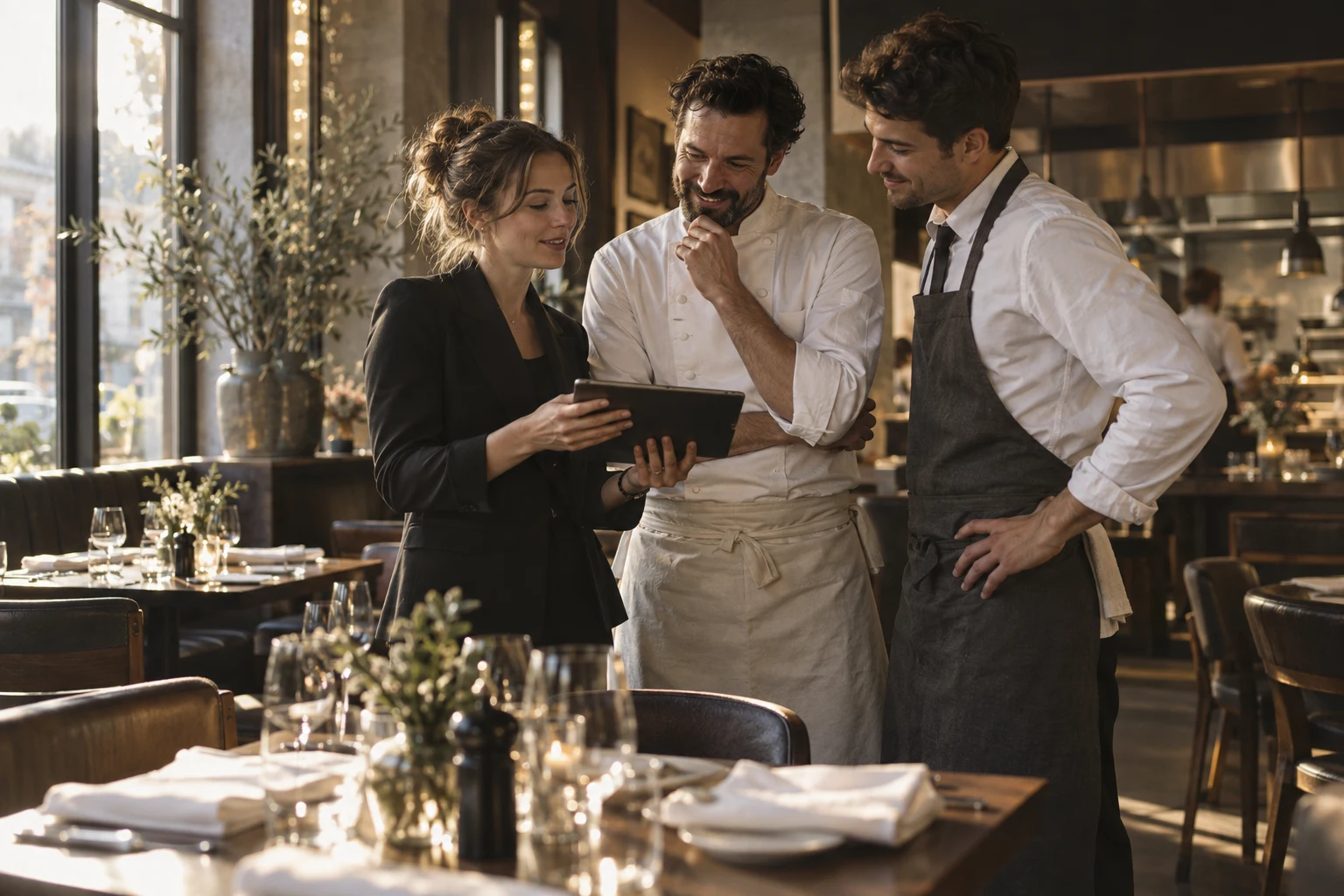Illustrative Szene: Restaurantteam bespricht den Abendservice mit einem Tablet
