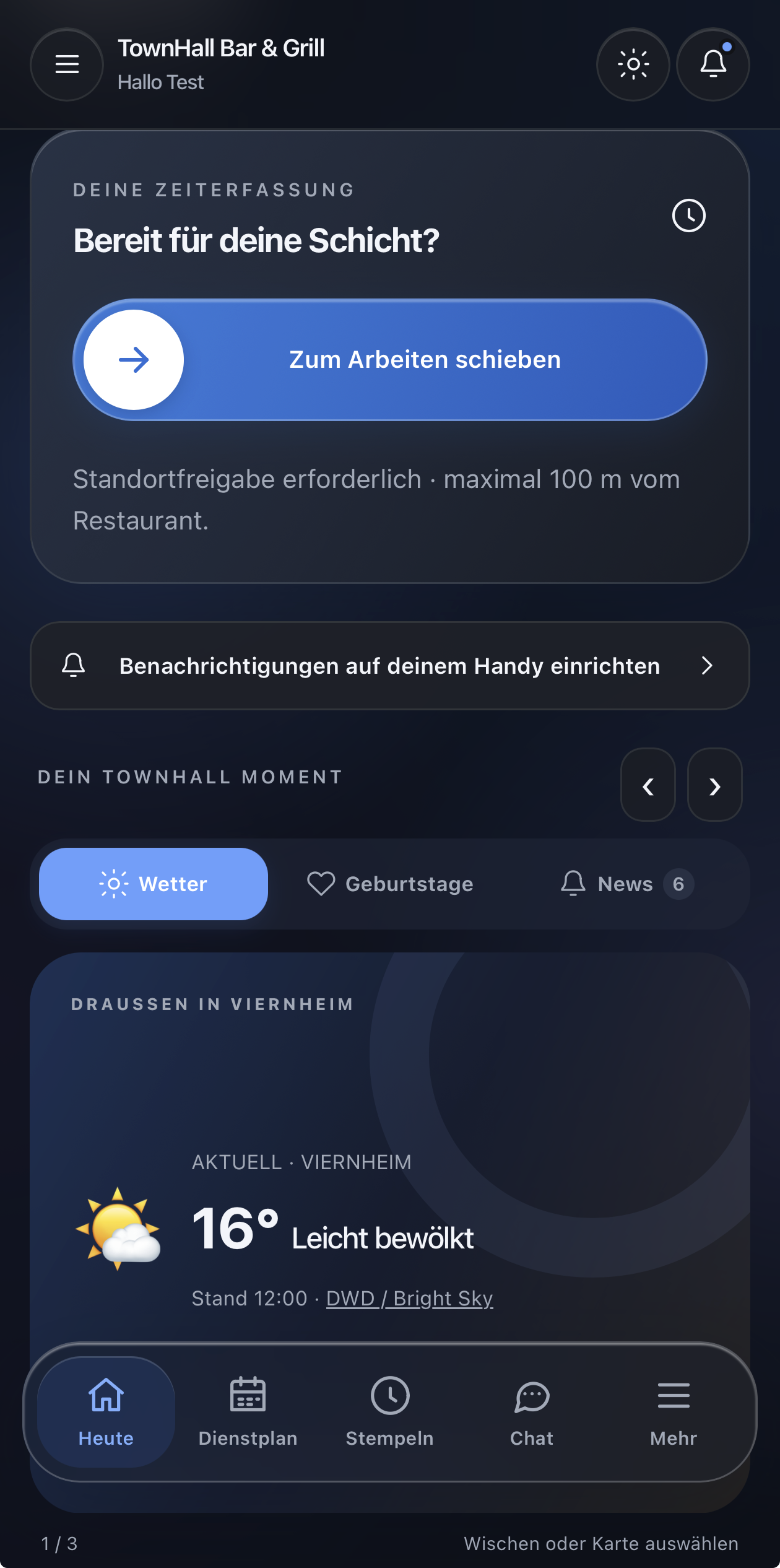 Original-App-Ansicht: Startseite im Dark Mode
