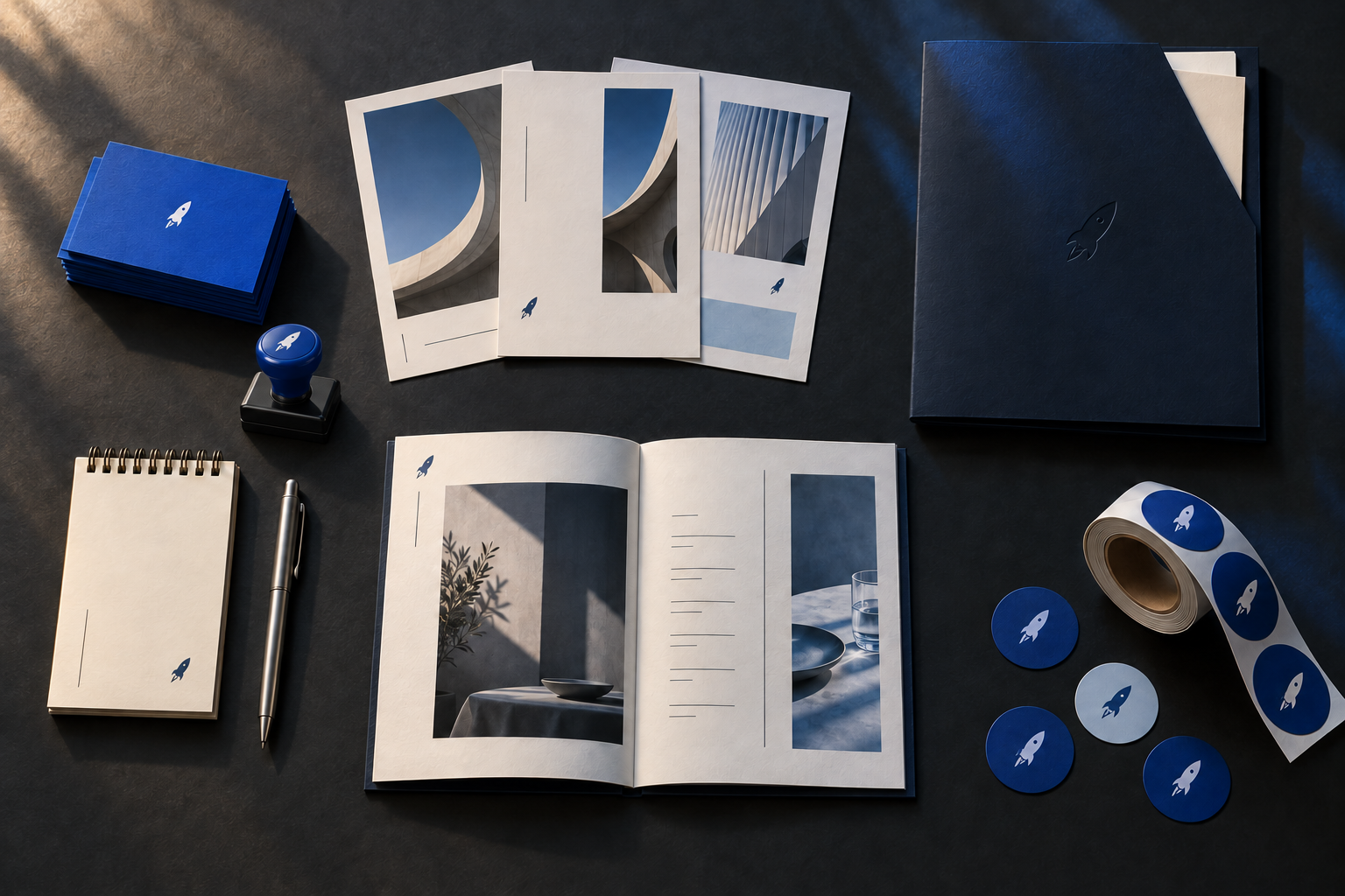 Sieben Printprodukte auf dunklem Hintergrund: Visitenkarten, Flyer, Präsentationsmappe, Notizblock, Speisekarte Stempel und Aufkleber