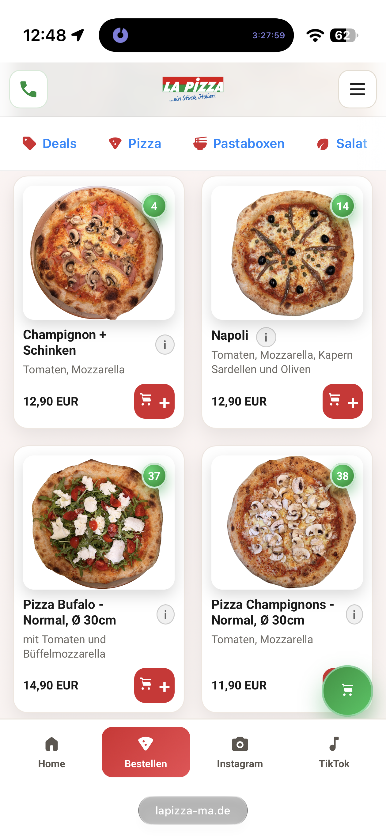 La Pizza Mannheim: vom Nutzer bereitgestellter Original-Screenshot der mobilen Pizza-Bestellseite