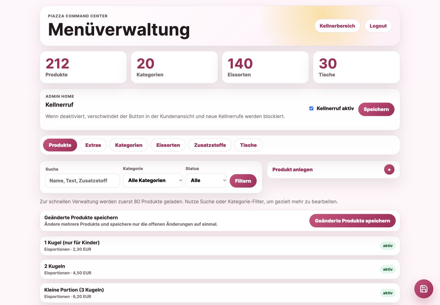 TischTap: Speisekarte in der echten Eiscafé-Projektoberfläche