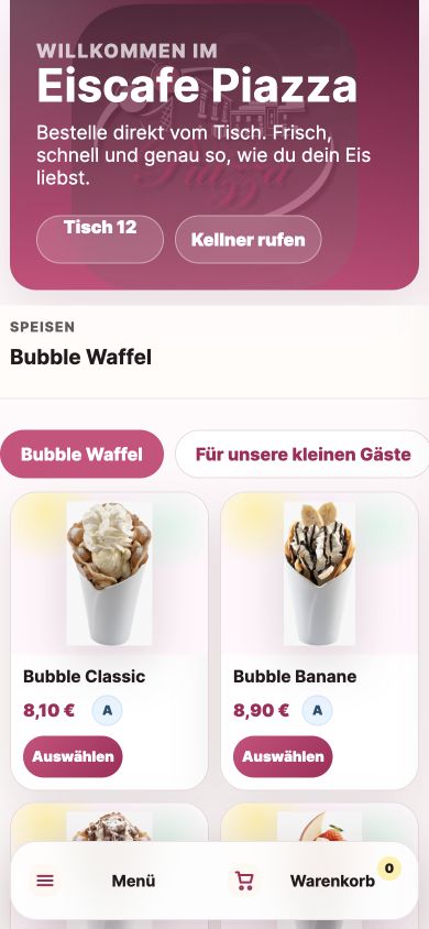 Originalprojekt Eiscafé Piazza: Bubble-Waffel-Karte auf dem Smartphone