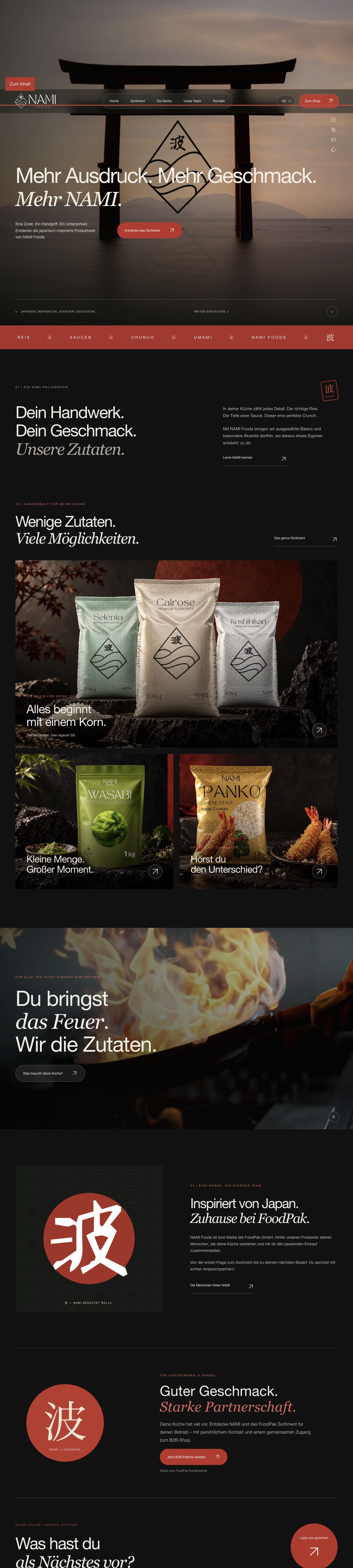 Echter Seitenverlauf von Nami Foods, von der Startansicht über Produkte bis zum Kontakt